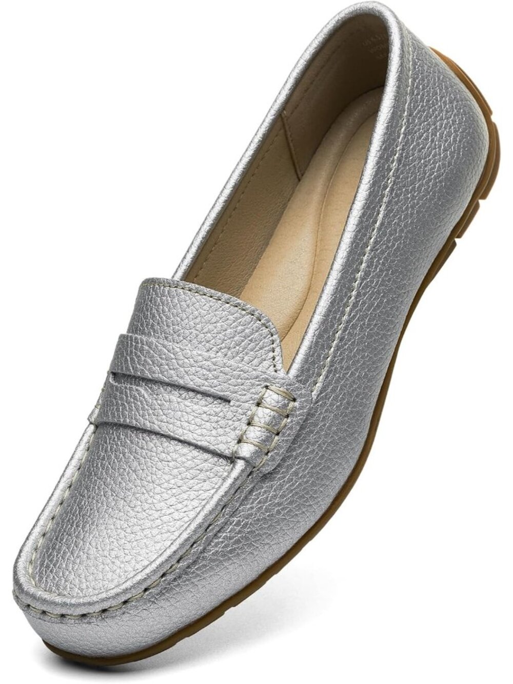 Women's Silver Comfortable Lightweight Leather Penny Slip On Loafer Flat Shoes